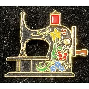 Vintage 1 1/4” Clotilde Enamel Pin Black Sewing Machine Floral Gold Tone Lapel